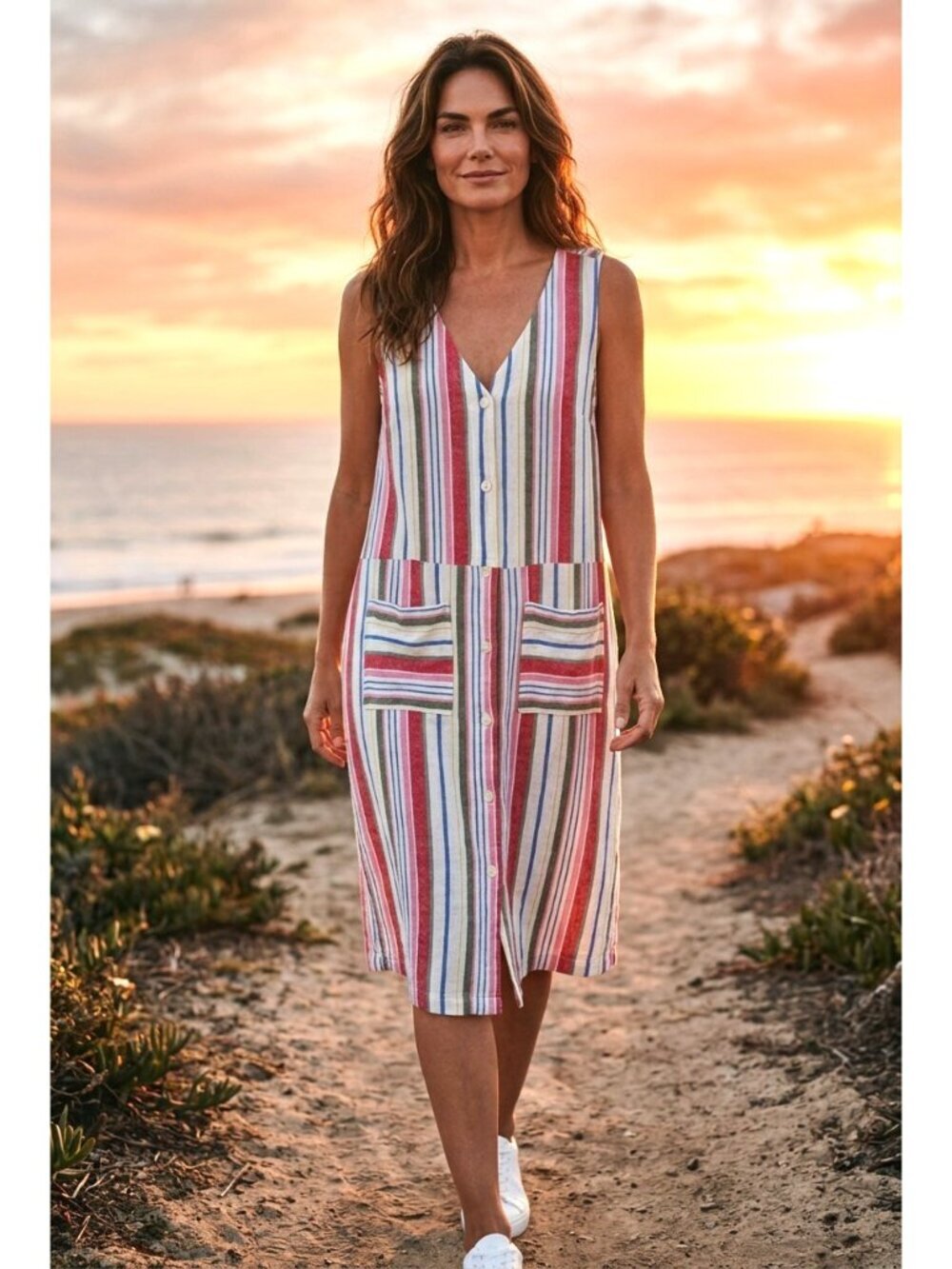 Old Navy Dress Womens L Rainbow Stripe Linen Bl Pockets Midi Boho Coastal Beach